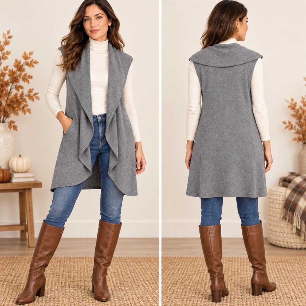 Ann Taylor Waterfall Vest M Grey Womens Open Front Knit Sleeveless Cardigan